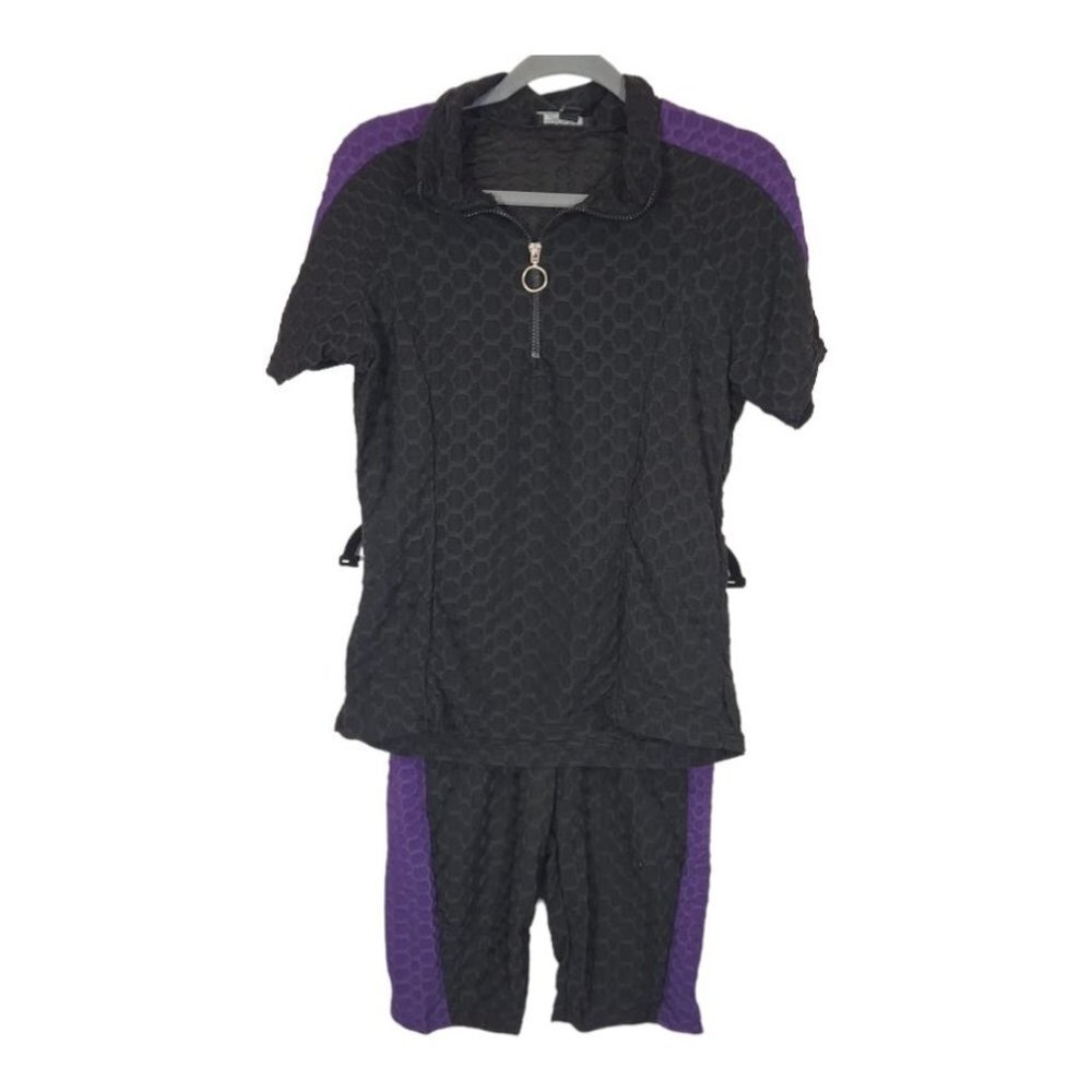 Rouge Collection 2 Piece Workout Set in‎ Black/Purple Size 1X